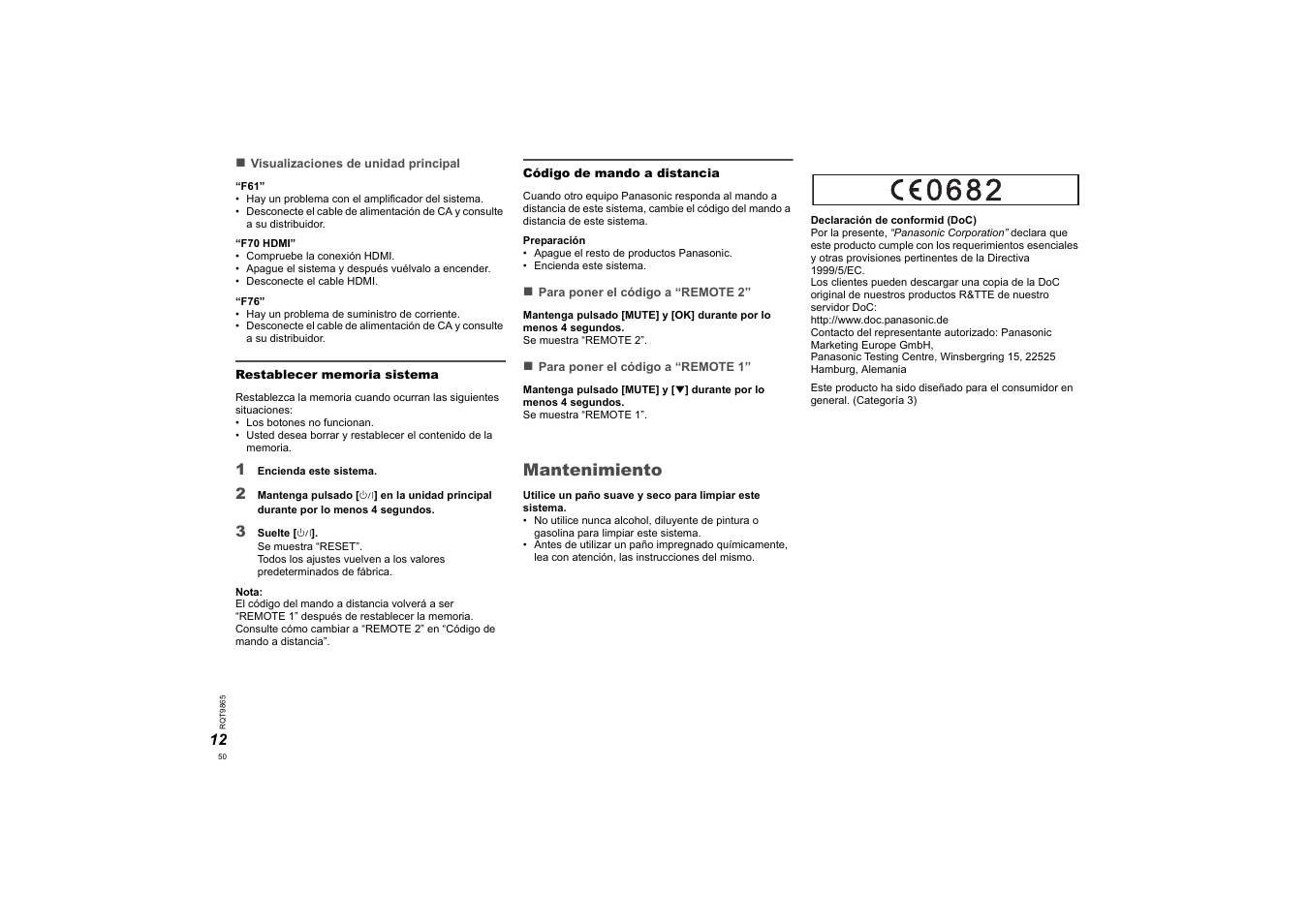 Mantenimiento | Panasonic SCHTE80EG User Manual | Page 50 / 76