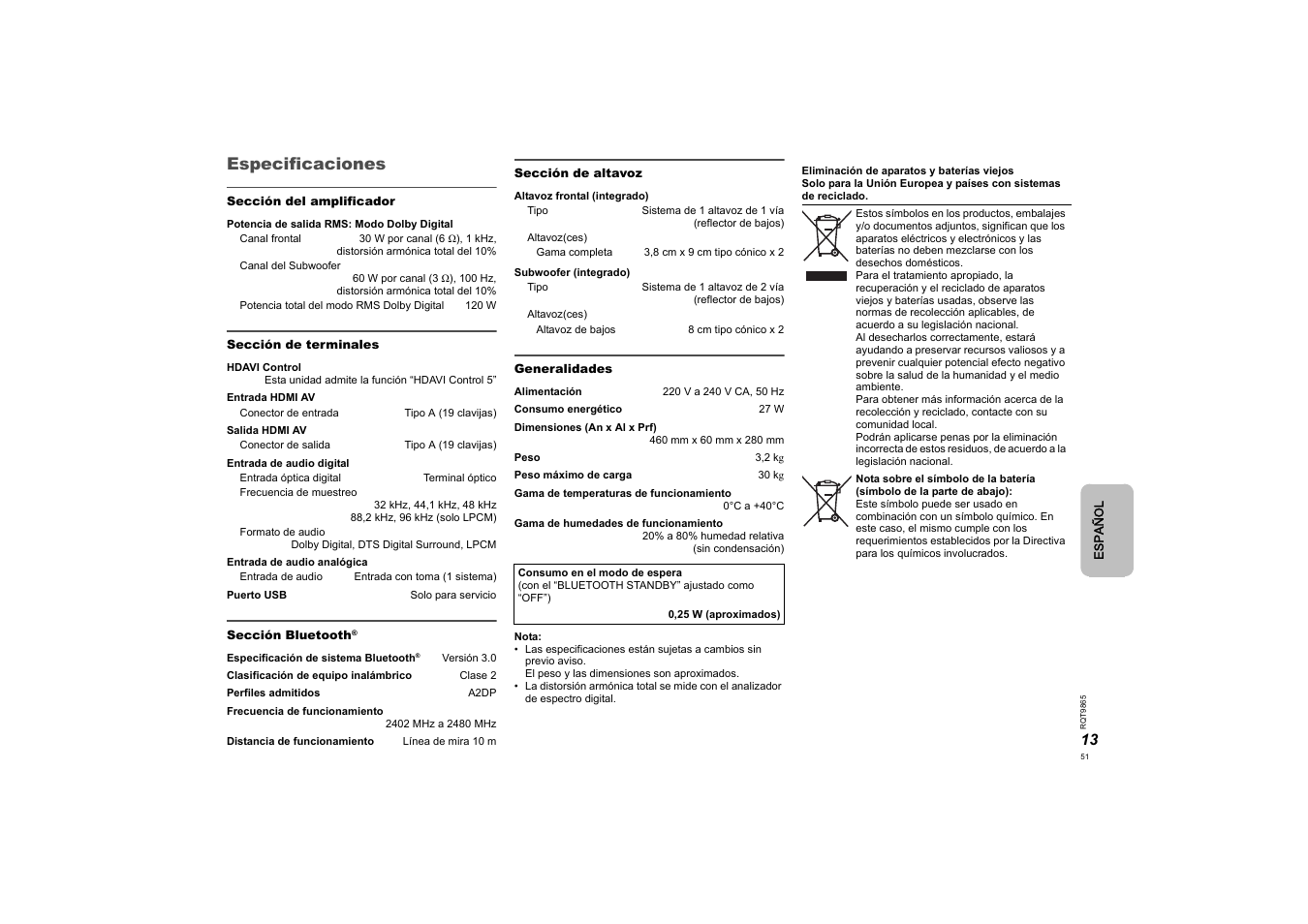 Especificaciones | Panasonic SCHTE80EG User Manual | Page 51 / 76