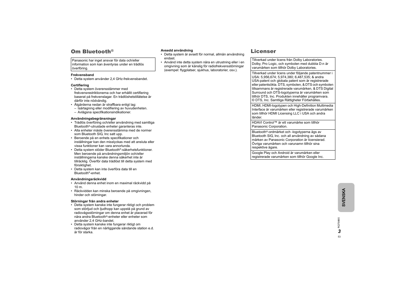 Om bluetooth, Licenser | Panasonic SCHTE80EG User Manual | Page 53 / 76