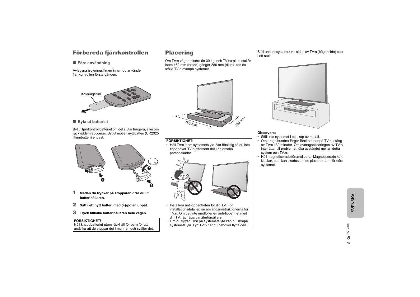 Förbereda fjärrkontrollen, Placering, Förbereda fjärrkontrollen placering | Panasonic SCHTE80EG User Manual | Page 55 / 76