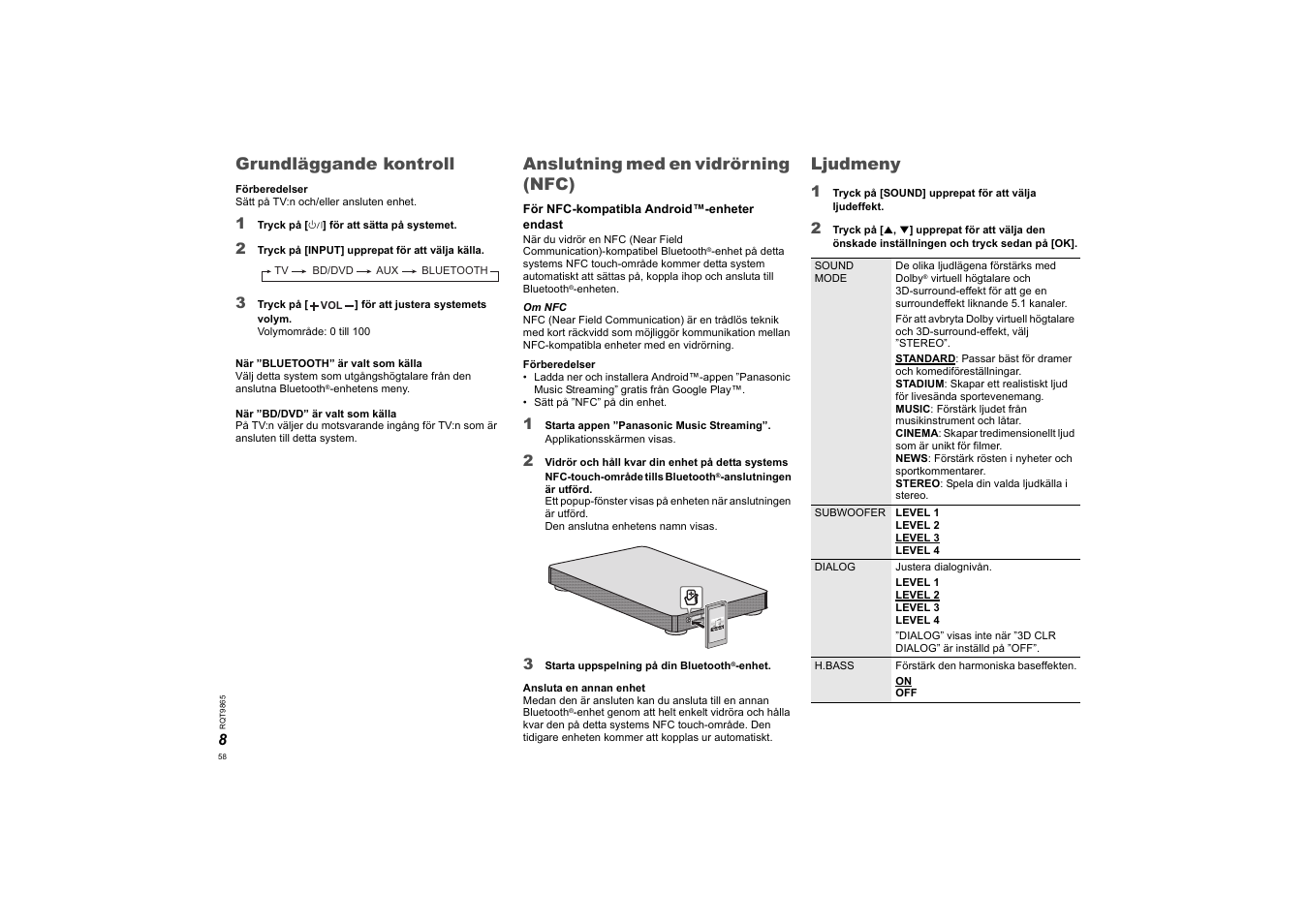 Grundläggande kontroll, Anslutning med en vidrörning (nfc), Ljudmeny | Panasonic SCHTE80EG User Manual | Page 58 / 76
