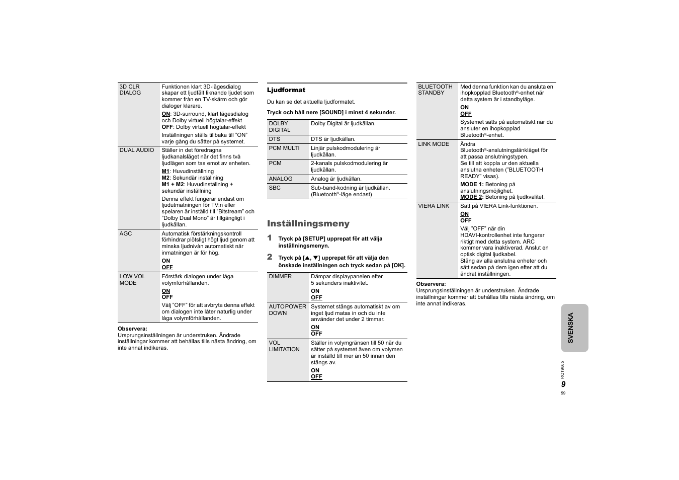 Inställningsmeny | Panasonic SCHTE80EG User Manual | Page 59 / 76