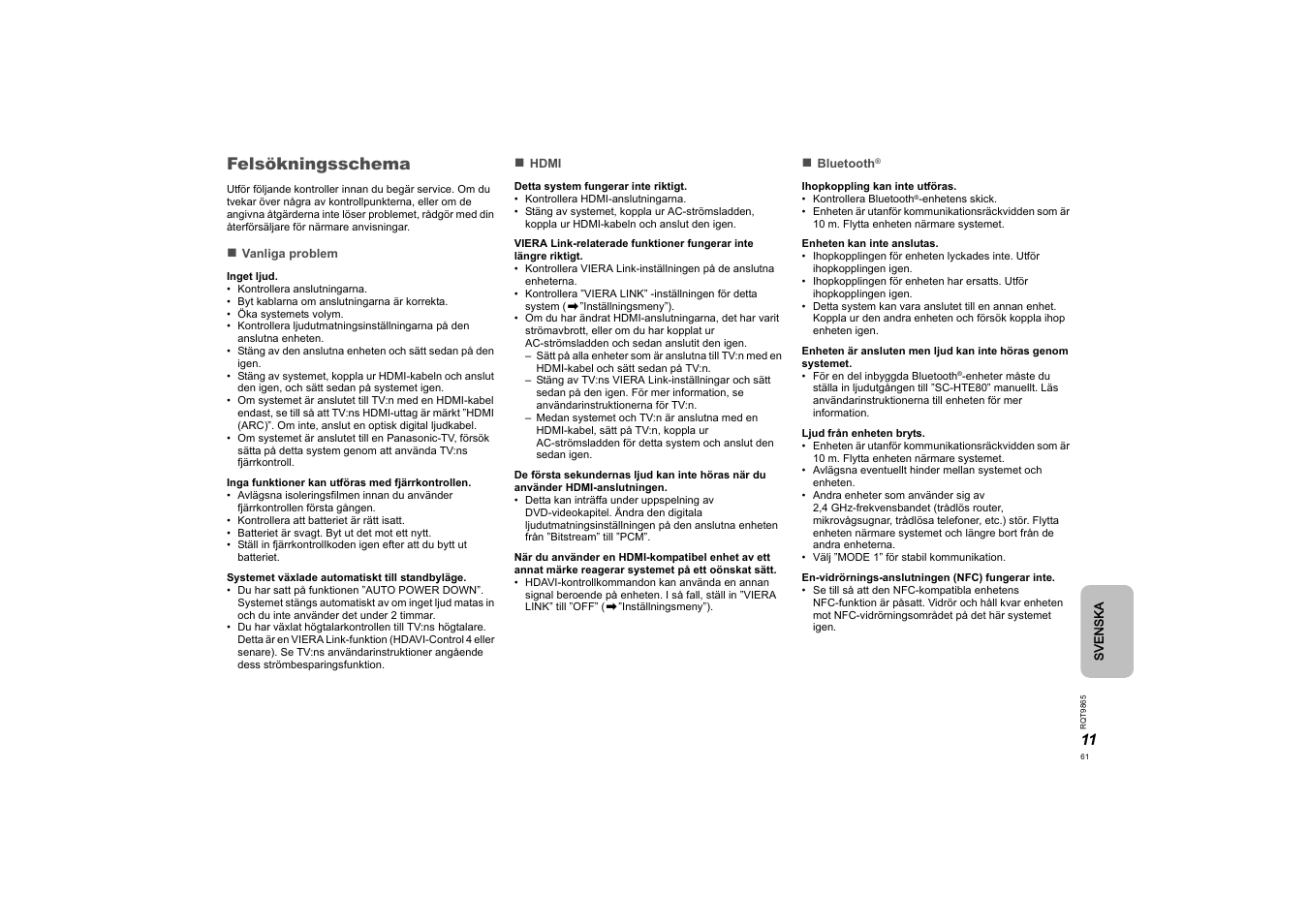 Felsökningsschema | Panasonic SCHTE80EG User Manual | Page 61 / 76