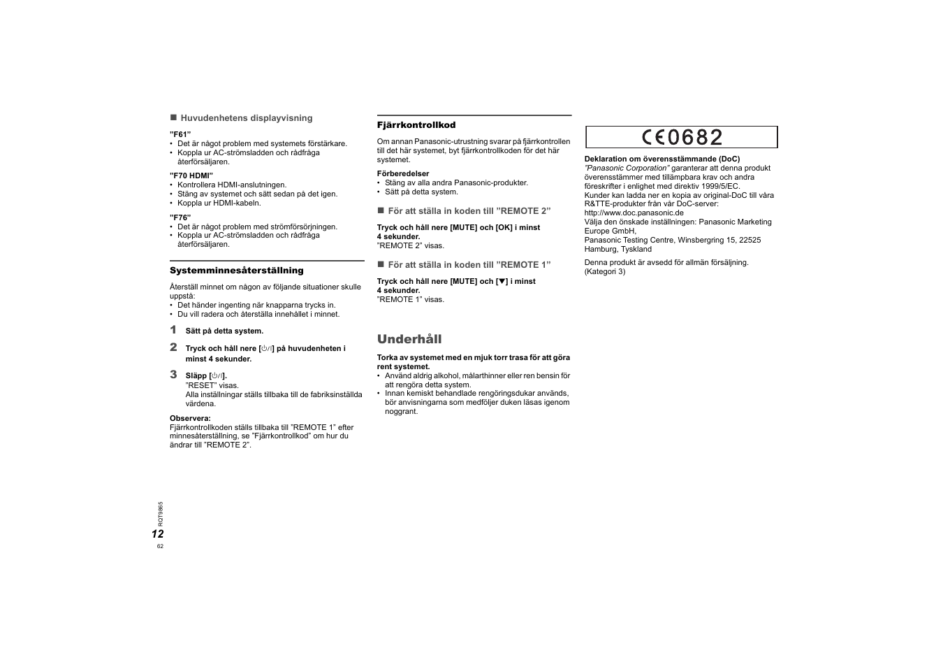 Underhåll | Panasonic SCHTE80EG User Manual | Page 62 / 76