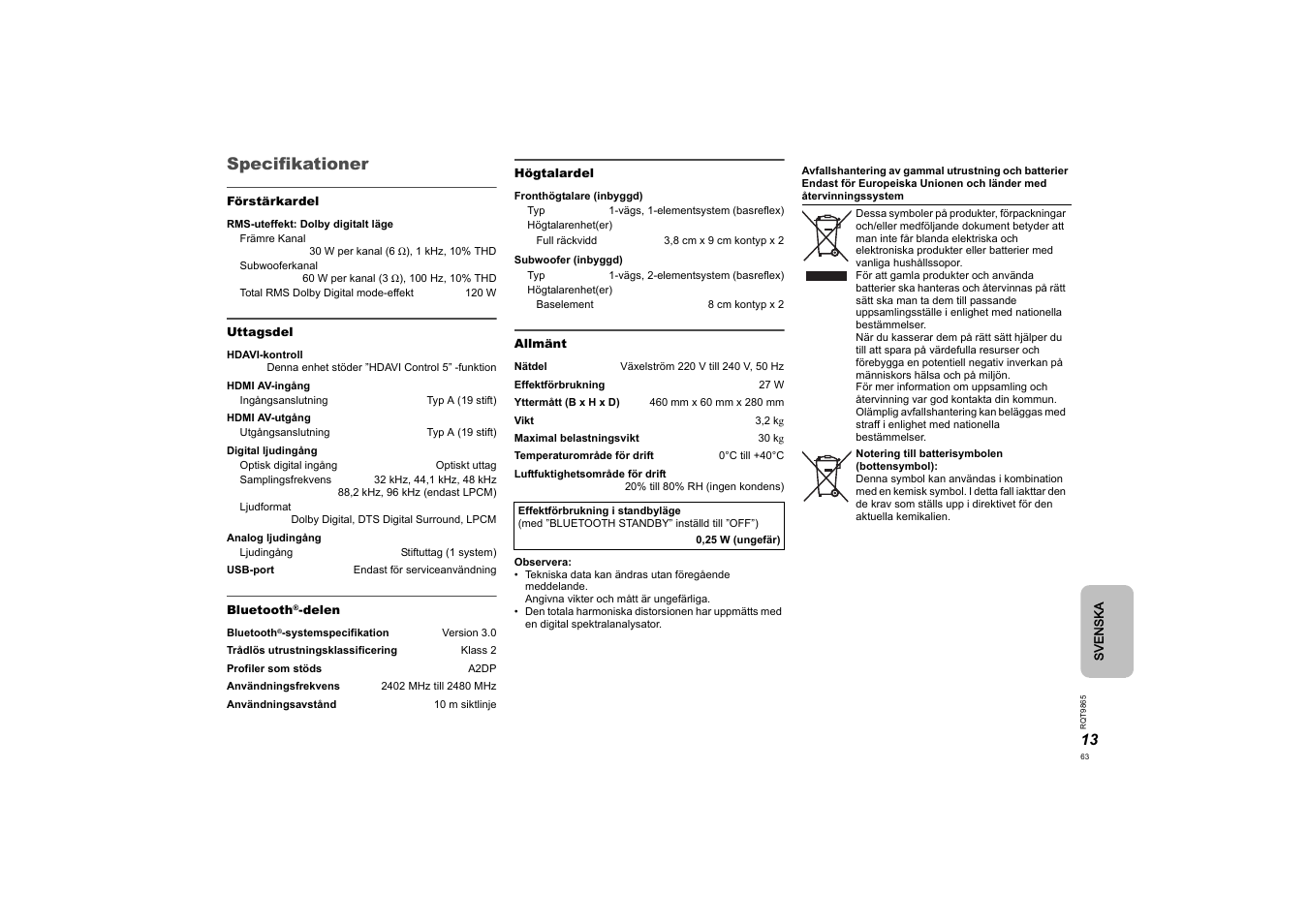Specifikationer | Panasonic SCHTE80EG User Manual | Page 63 / 76