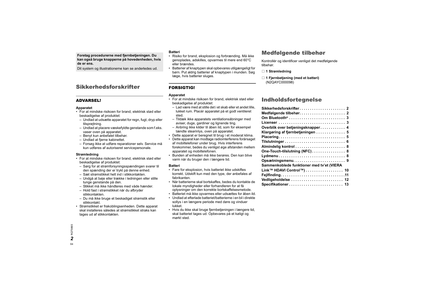 Dansk, Sikkerhedsforskrifter, Medfølgende tilbehør | Indholdsfortegnelse | Panasonic SCHTE80EG User Manual | Page 64 / 76