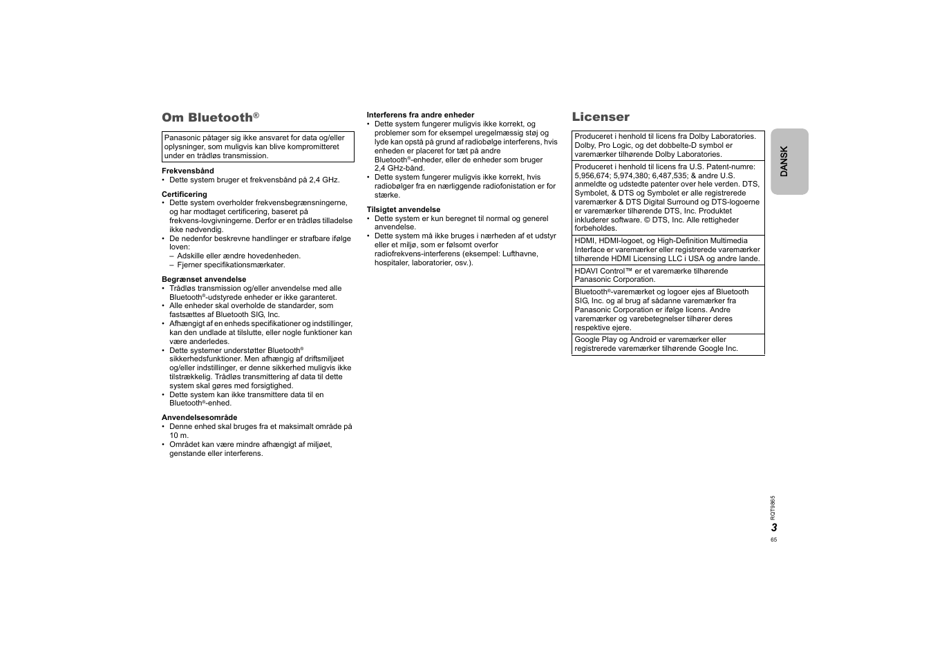Om bluetooth, Licenser | Panasonic SCHTE80EG User Manual | Page 65 / 76