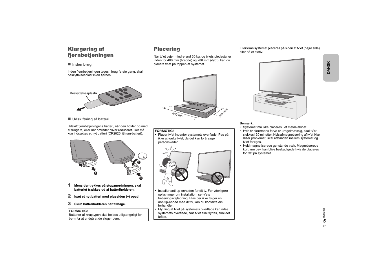 Klargøring af fjernbetjeningen, Placering, Klargøring af fjernbetjeningen placering | Panasonic SCHTE80EG User Manual | Page 67 / 76
