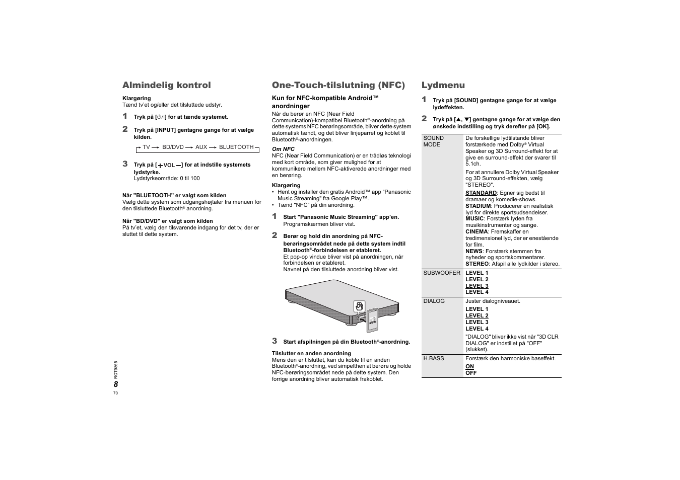 Almindelig kontrol, One-touch-tilslutning (nfc), Lydmenu | Panasonic SCHTE80EG User Manual | Page 70 / 76