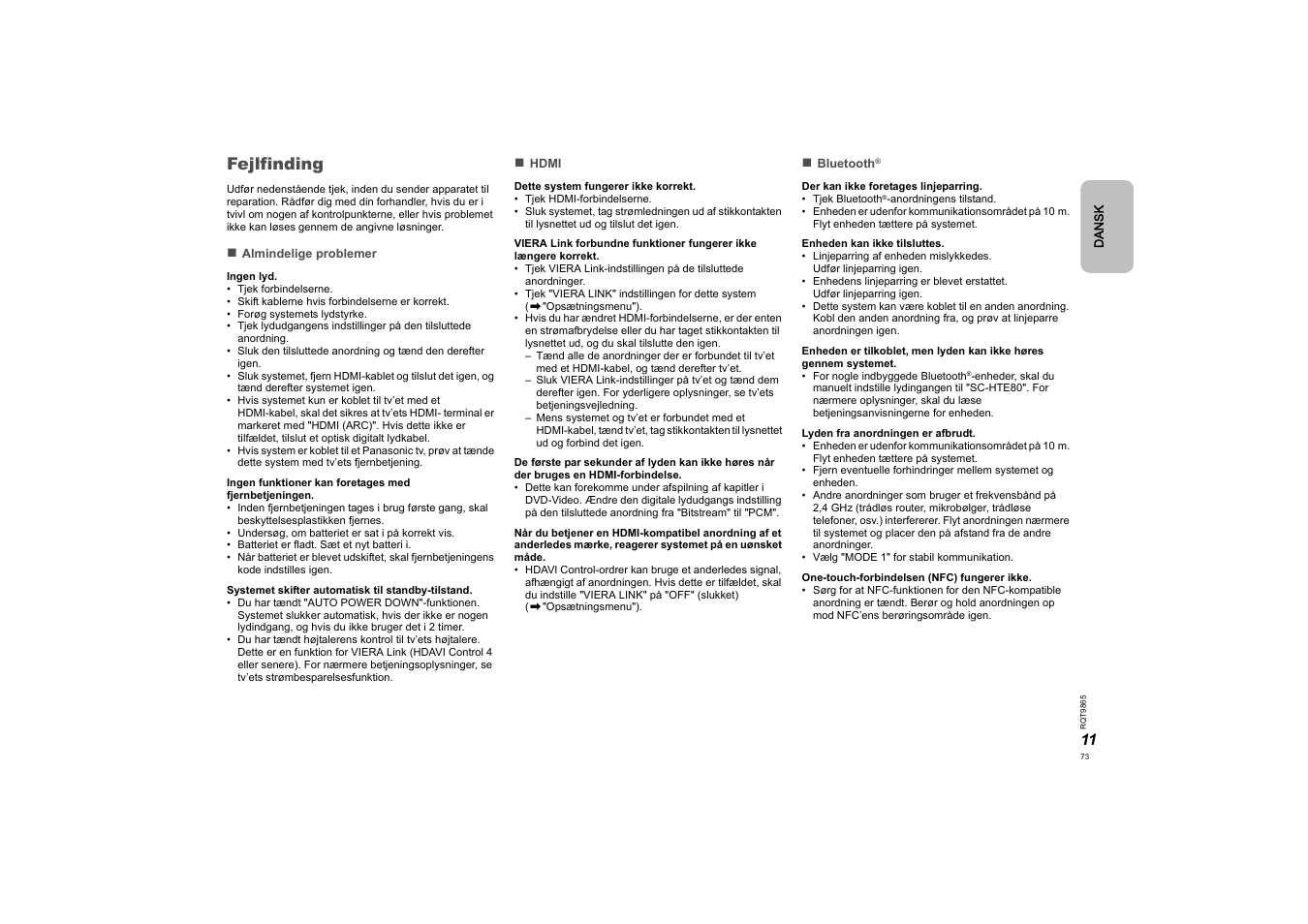 Fejlfinding | Panasonic SCHTE80EG User Manual | Page 73 / 76