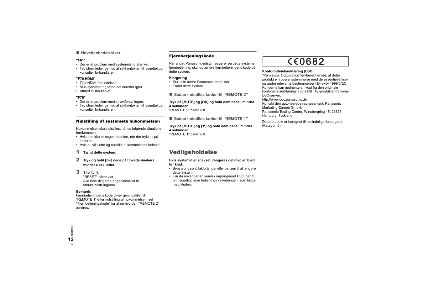 Vedligeholdelse | Panasonic SCHTE80EG User Manual | Page 74 / 76