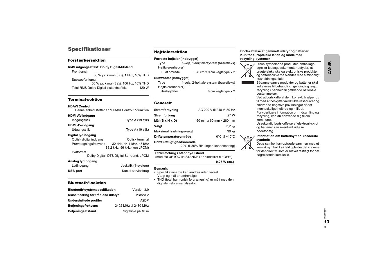 Specifikationer | Panasonic SCHTE80EG User Manual | Page 75 / 76