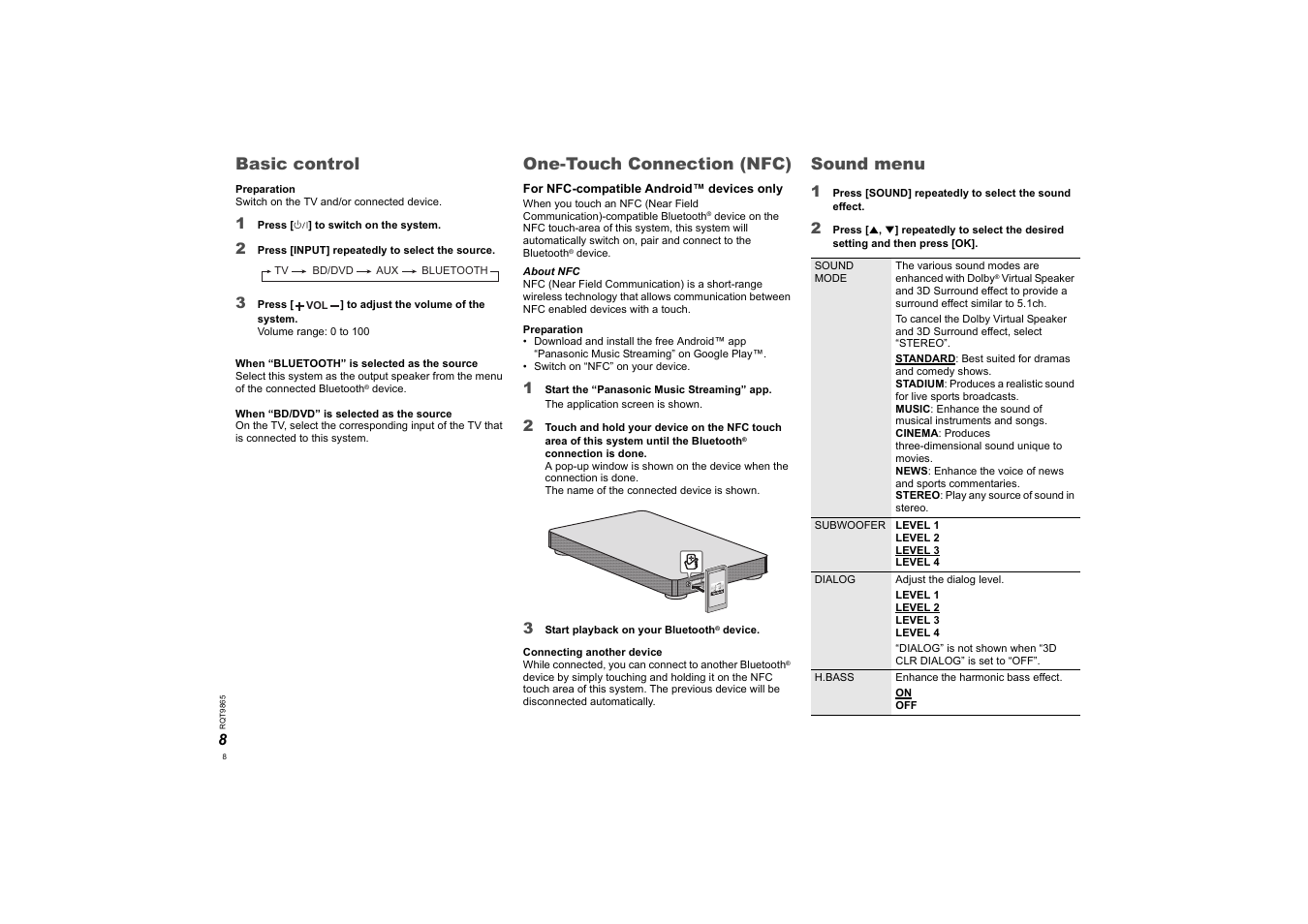 Basic control, One-touch connection (nfc), Sound menu | Panasonic SCHTE80EG User Manual | Page 8 / 76