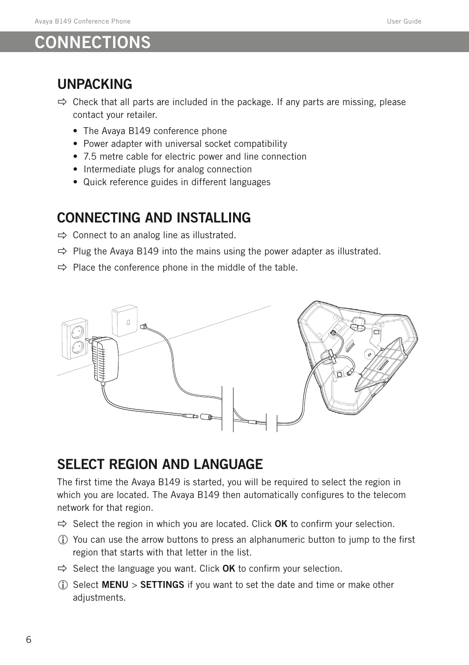 Connections, Unpacking, Connecting and installing | Select region and language | Avaya B149 User Manual | Page 10 / 26