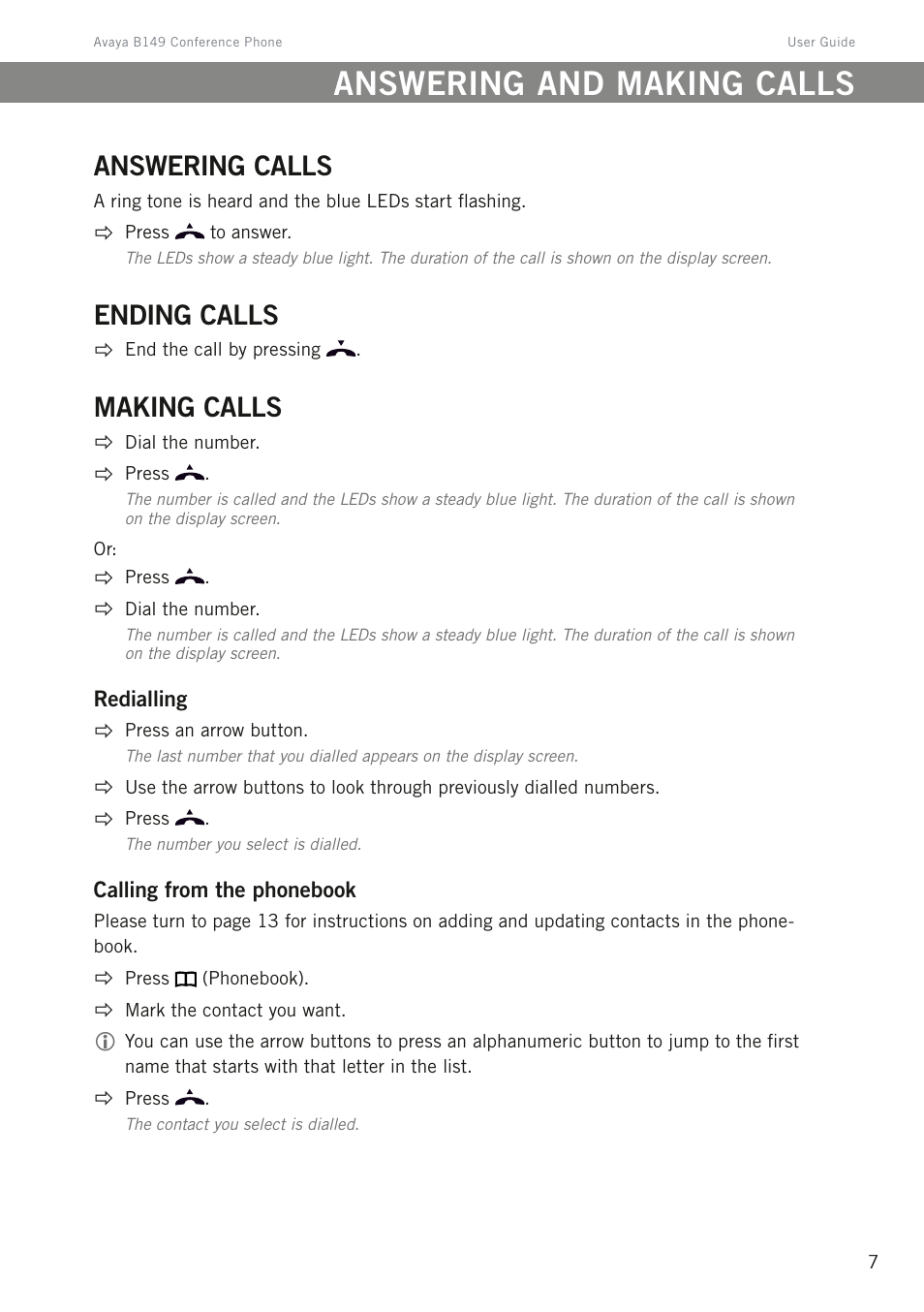 Answering and making calls, Answering calls, Ending calls | Making calls | Avaya B149 User Manual | Page 11 / 26