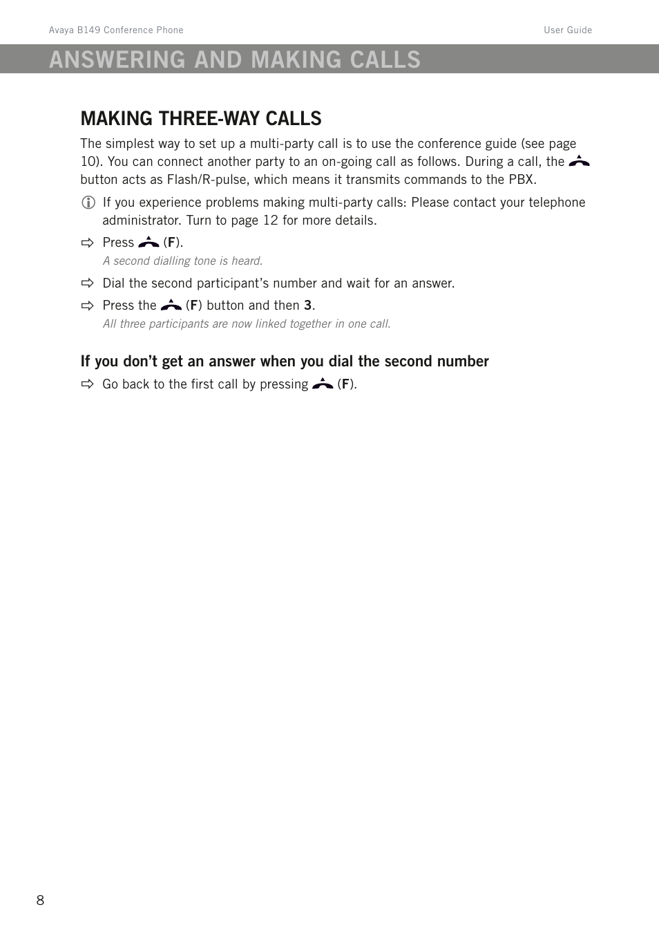 Making three-way calls, Answering and making calls | Avaya B149 User Manual | Page 12 / 26