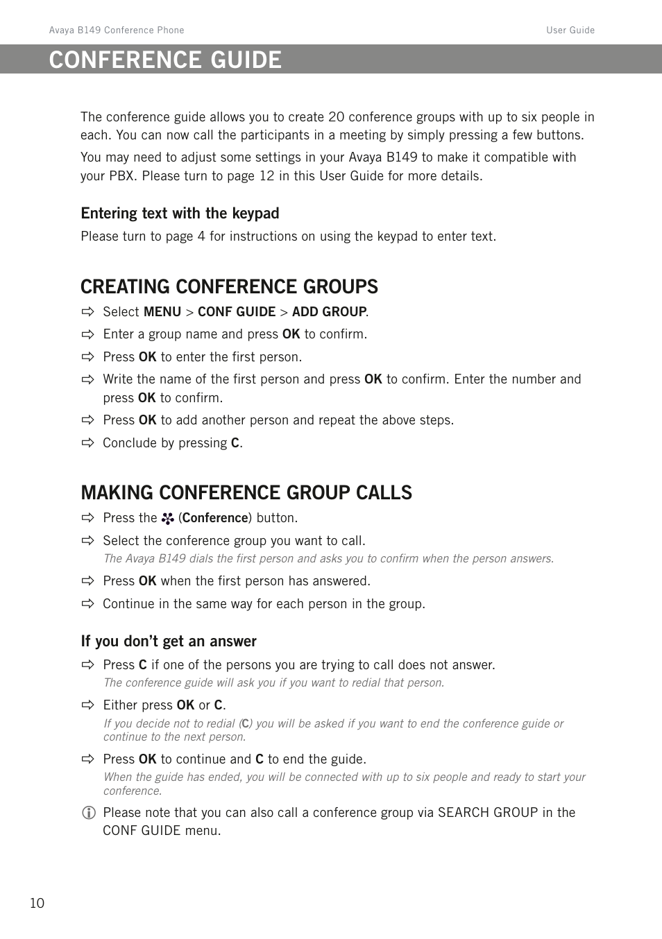 Conference guide, Creating conference groups, Making conference group calls | Avaya B149 User Manual | Page 14 / 26