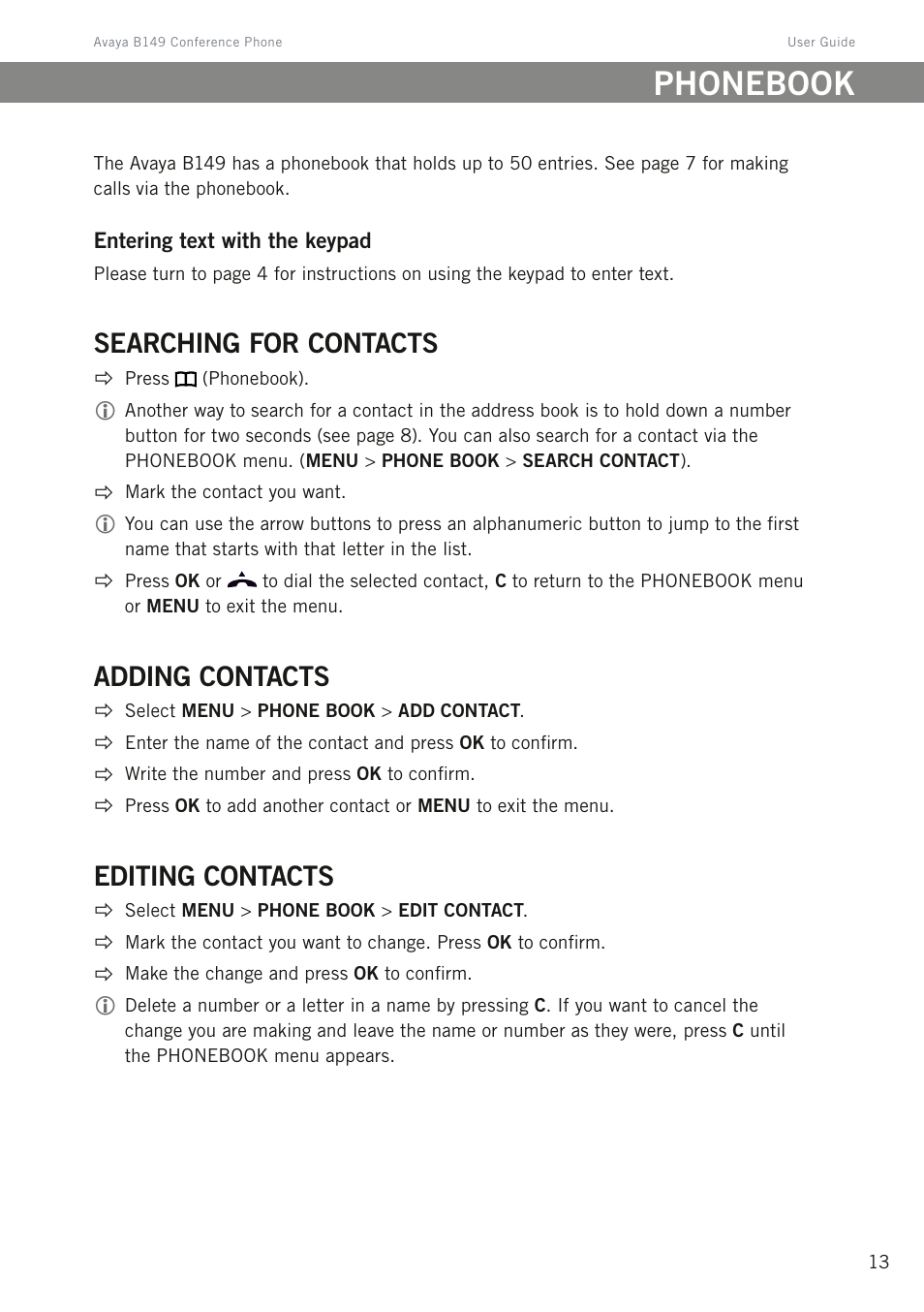 Phonebook, Searching for contacts, Adding contacts | Editing contacts | Avaya B149 User Manual | Page 17 / 26