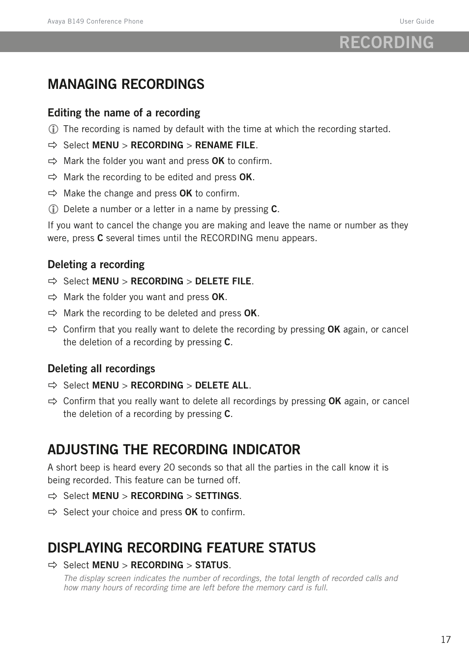 Managing recordings, Adjusting the recording indicator, Displaying recording feature status | Recording | Avaya B149 User Manual | Page 21 / 26