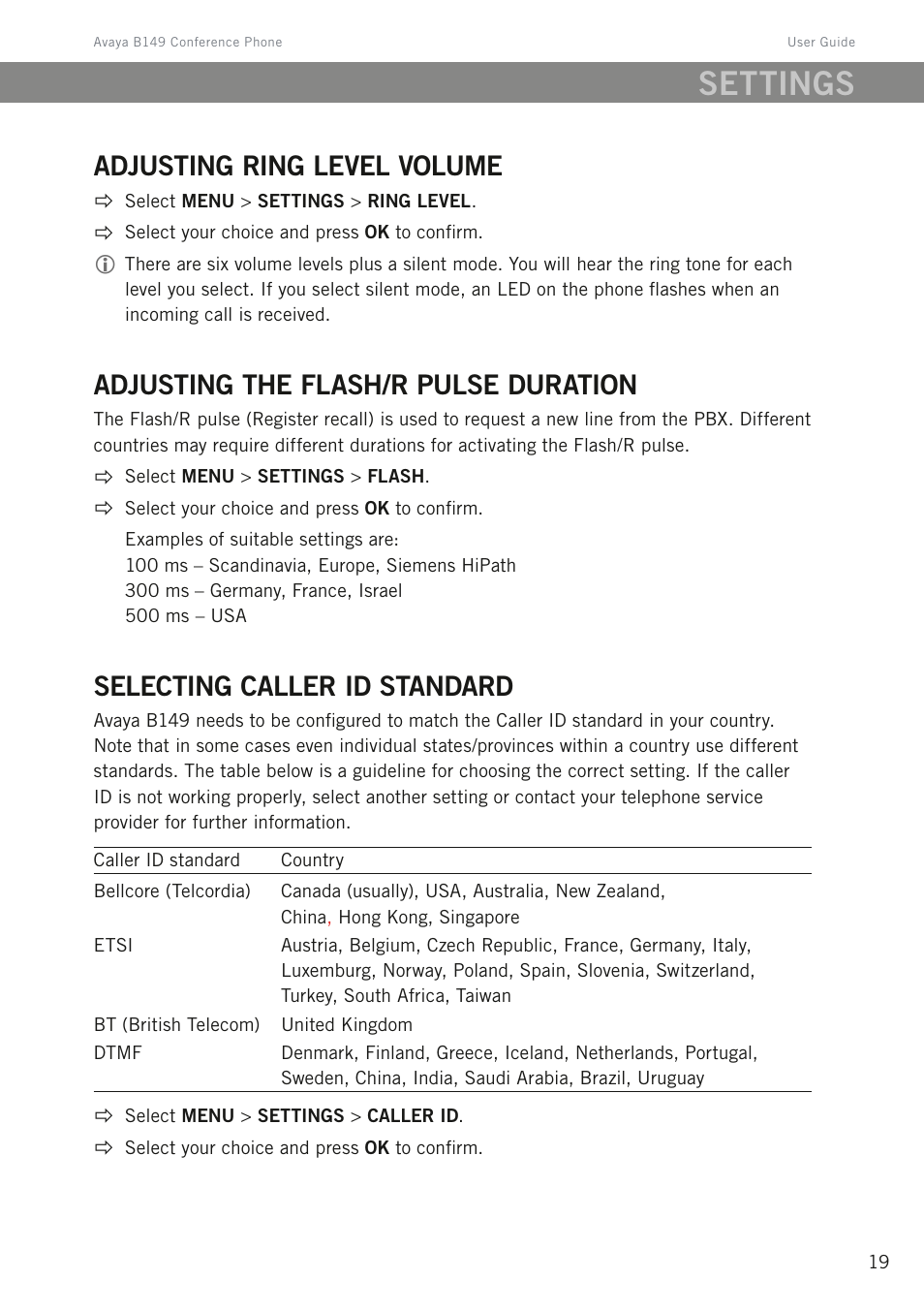 Adjusting ring level volume, Adjusting the flash/r pulse duration, Selecting caller id standard | Settings | Avaya B149 User Manual | Page 23 / 26