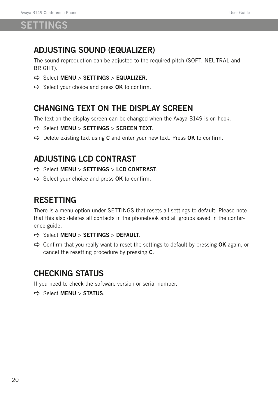 Adjusting sound (equalizer), Changing text on the display screen, Adjusting lcd contrast | Resetting, Checking status, Settings | Avaya B149 User Manual | Page 24 / 26