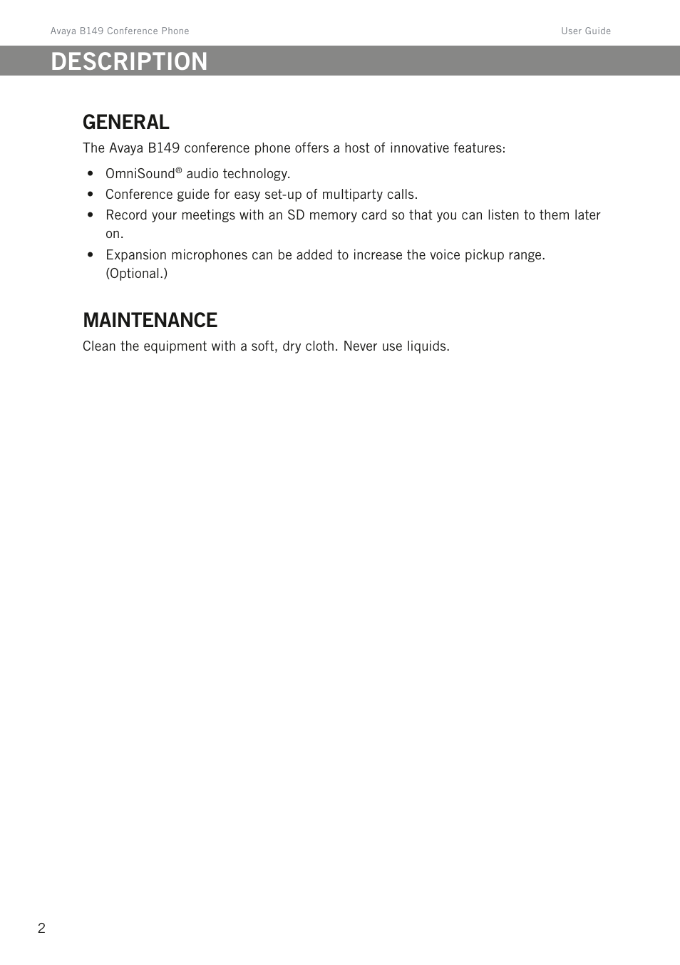 Description, General, Maintenance | Avaya B149 User Manual | Page 6 / 26