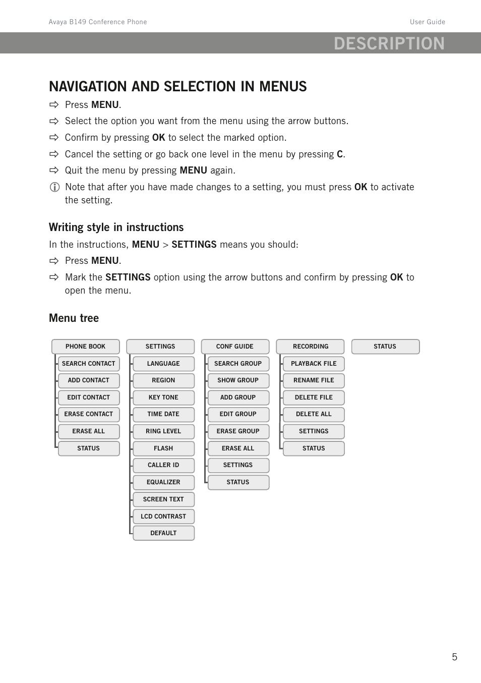 Navigation and selection in menus, Description, Writing style in instructions | Menu tree | Avaya B149 User Manual | Page 9 / 26