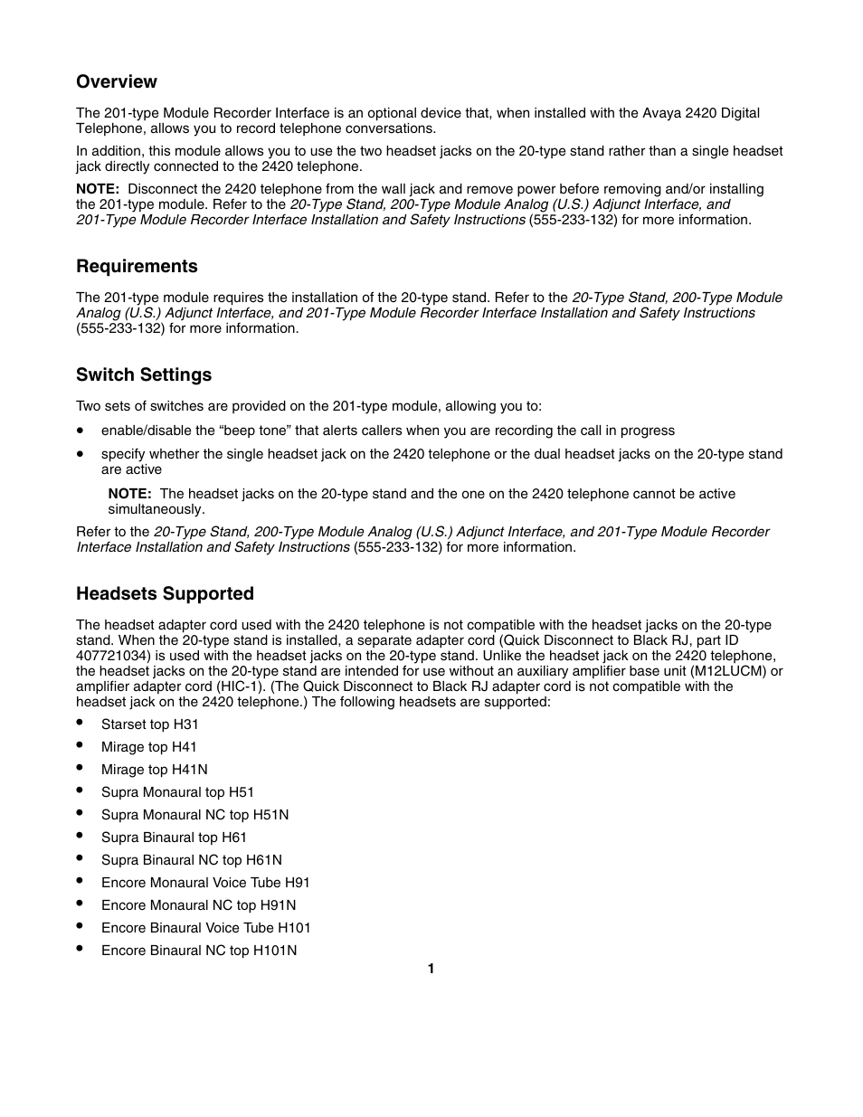 Overview, Requirements, Switch settings | Headsets supported | Avaya 201-type User Manual | Page 3 / 6