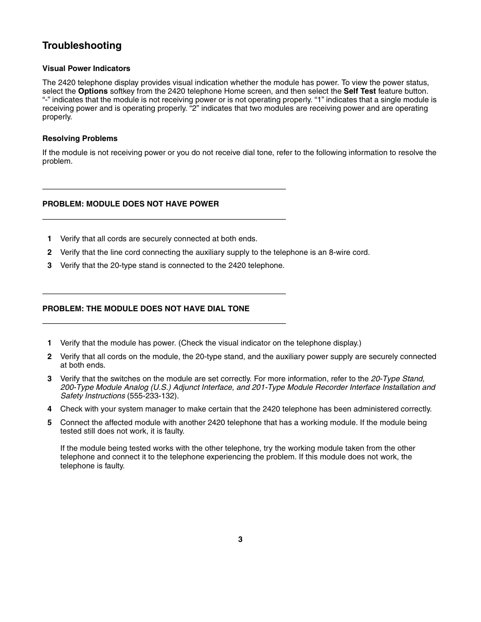 Troubleshooting, Visual power indicators, Resolving problems | Avaya 201-type User Manual | Page 5 / 6