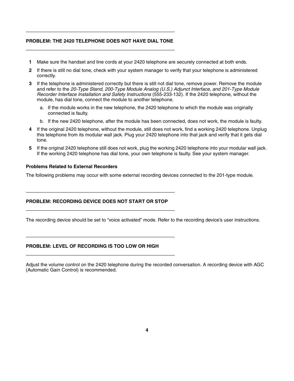 Problems related to external recorders | Avaya 201-type User Manual | Page 6 / 6