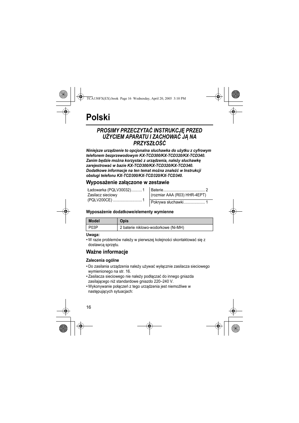 Polski | Panasonic KXTCA130FX User Manual | Page 16 / 32