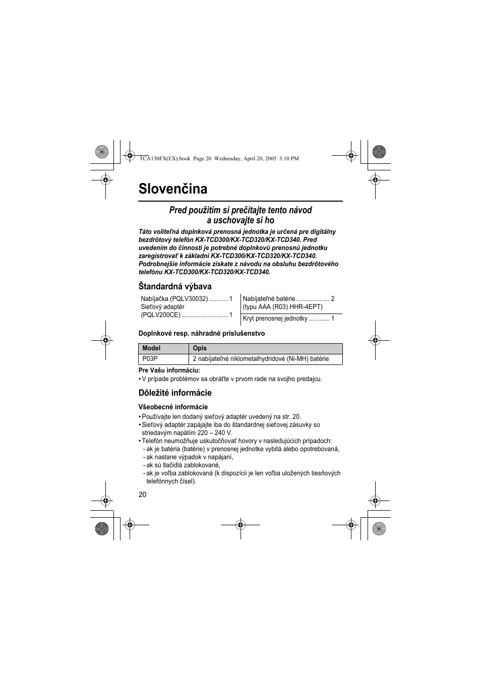 Slovenčina | Panasonic KXTCA130FX User Manual | Page 20 / 32