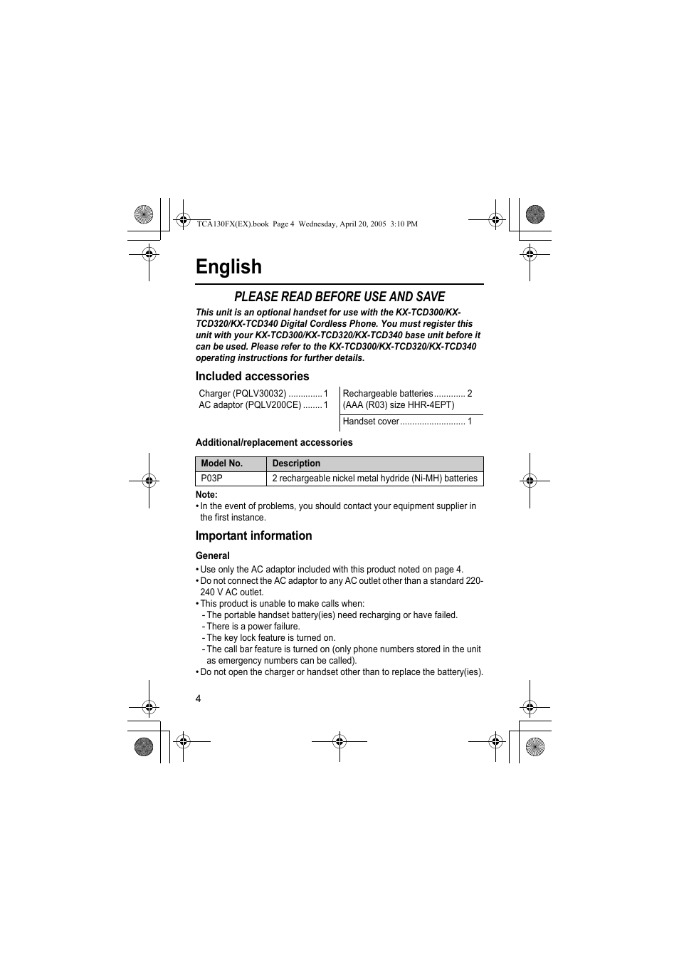 English, Please read before use and save | Panasonic KXTCA130FX User Manual | Page 4 / 32