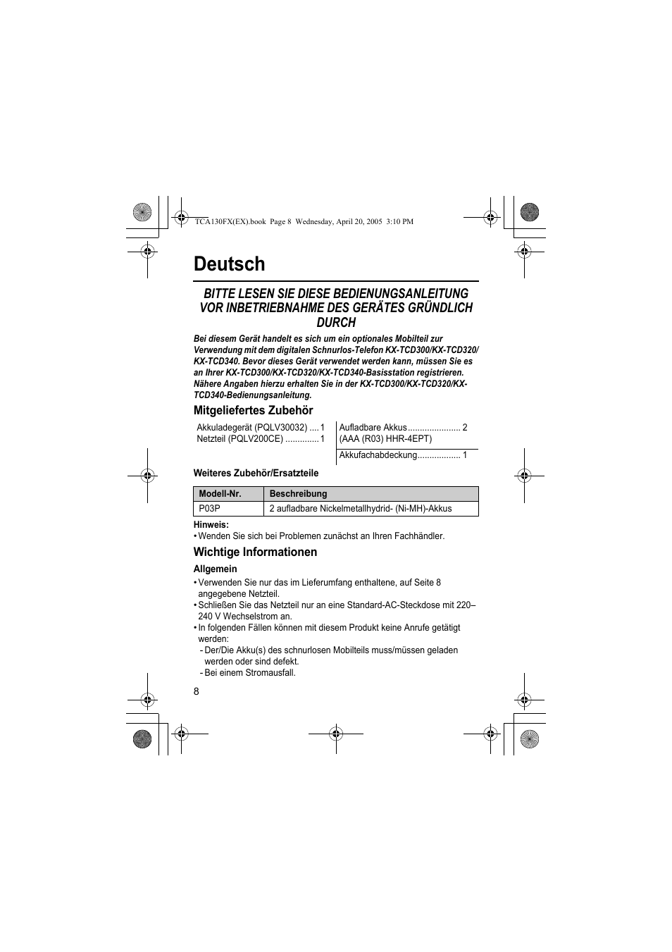 Deutsch | Panasonic KXTCA130FX User Manual | Page 8 / 32