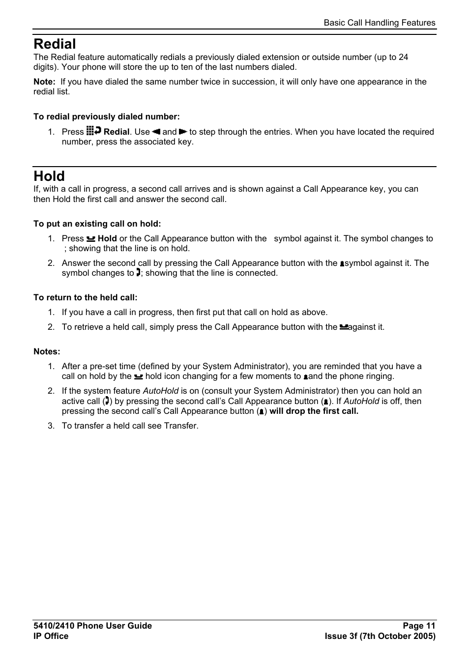 Redial, Hold | Avaya IP OFFICE 5410 User Manual | Page 11 / 38