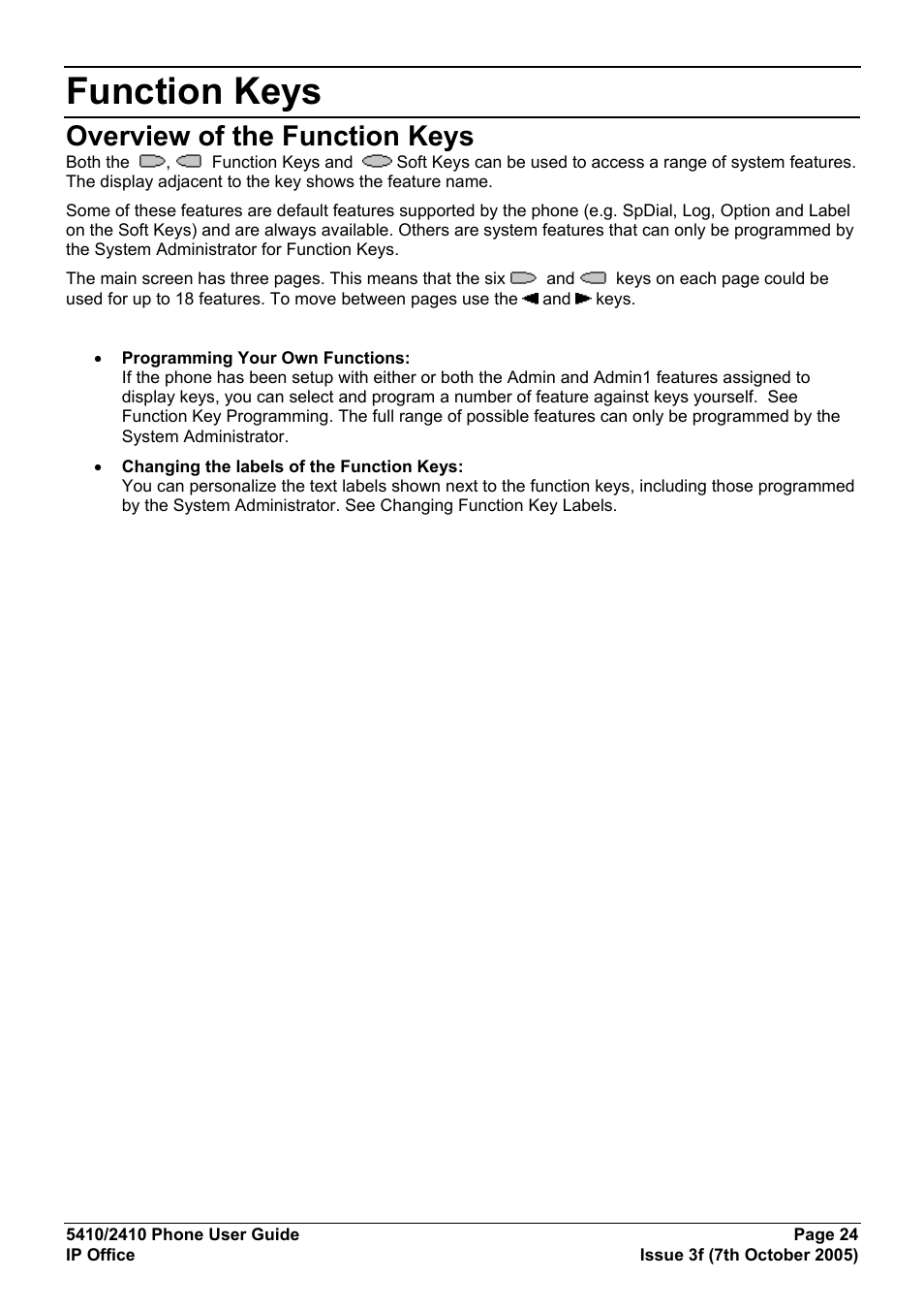 Function keys, Overview of the function keys | Avaya IP OFFICE 5410 User Manual | Page 24 / 38