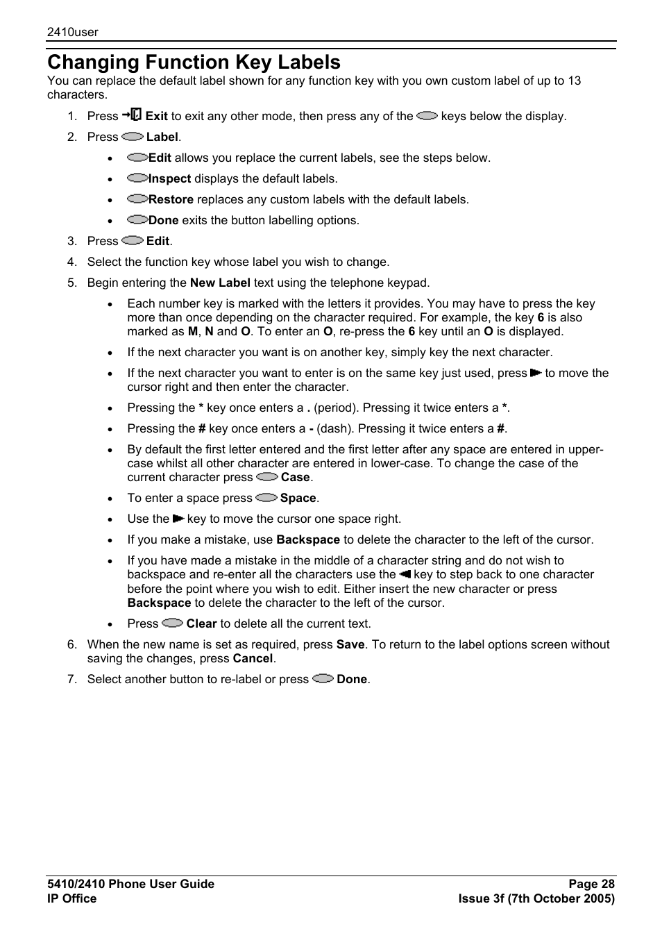 Changing function key labels, Function keys | Avaya IP OFFICE 5410 User Manual | Page 28 / 38