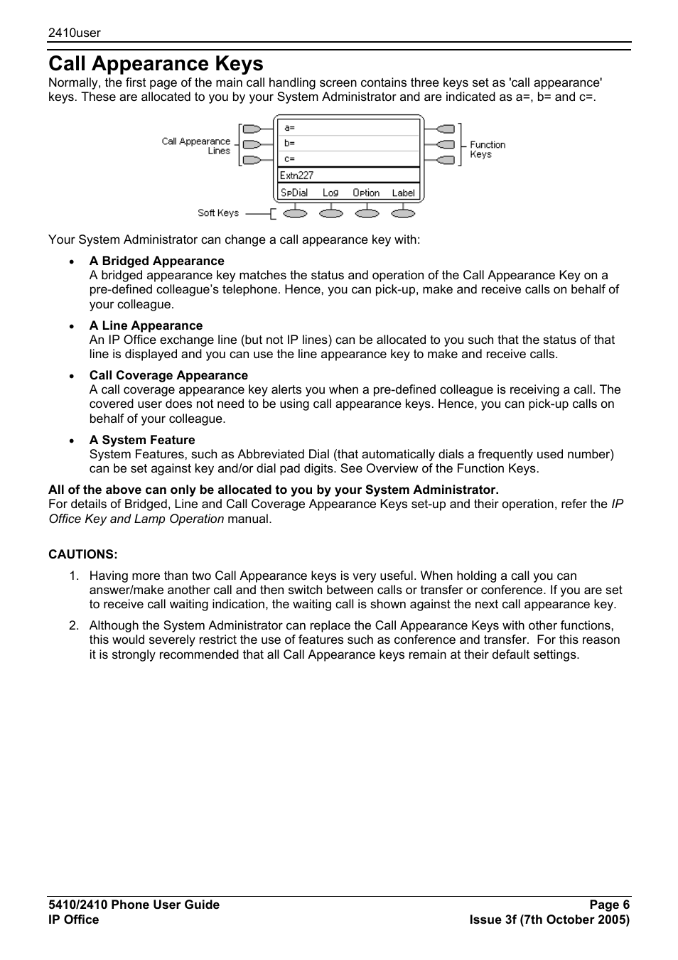 Call appearance keys | Avaya IP OFFICE 5410 User Manual | Page 6 / 38