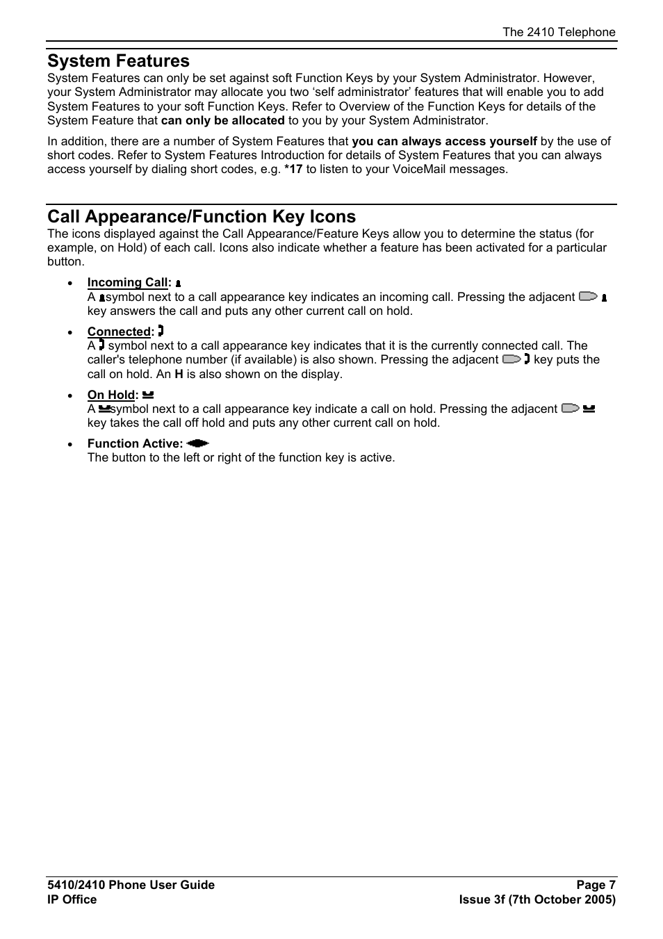 System features, Call appearance/function key icons, The 2410 telephone | Avaya IP OFFICE 5410 User Manual | Page 7 / 38