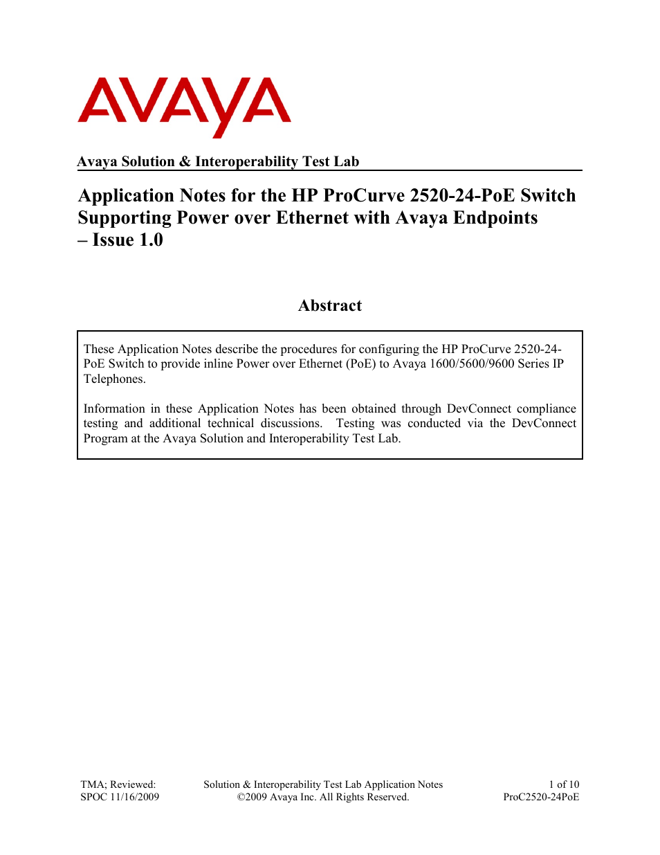 Avaya PROCURVE 2520-24-POE User Manual | 10 pages