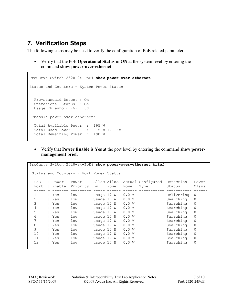 Verification steps | Avaya PROCURVE 2520-24-POE User Manual | Page 7 / 10