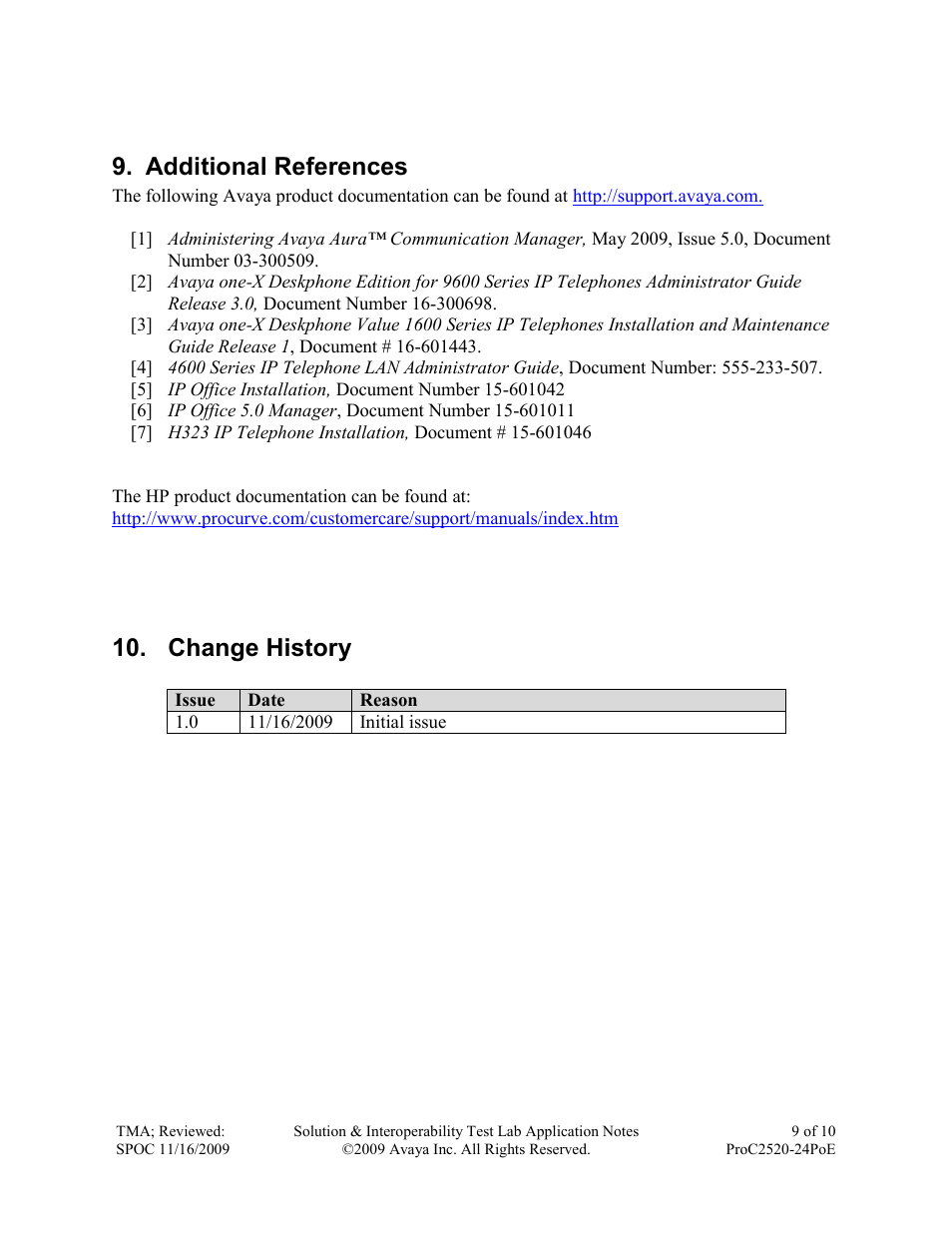 Additional references, Change history | Avaya PROCURVE 2520-24-POE User Manual | Page 9 / 10