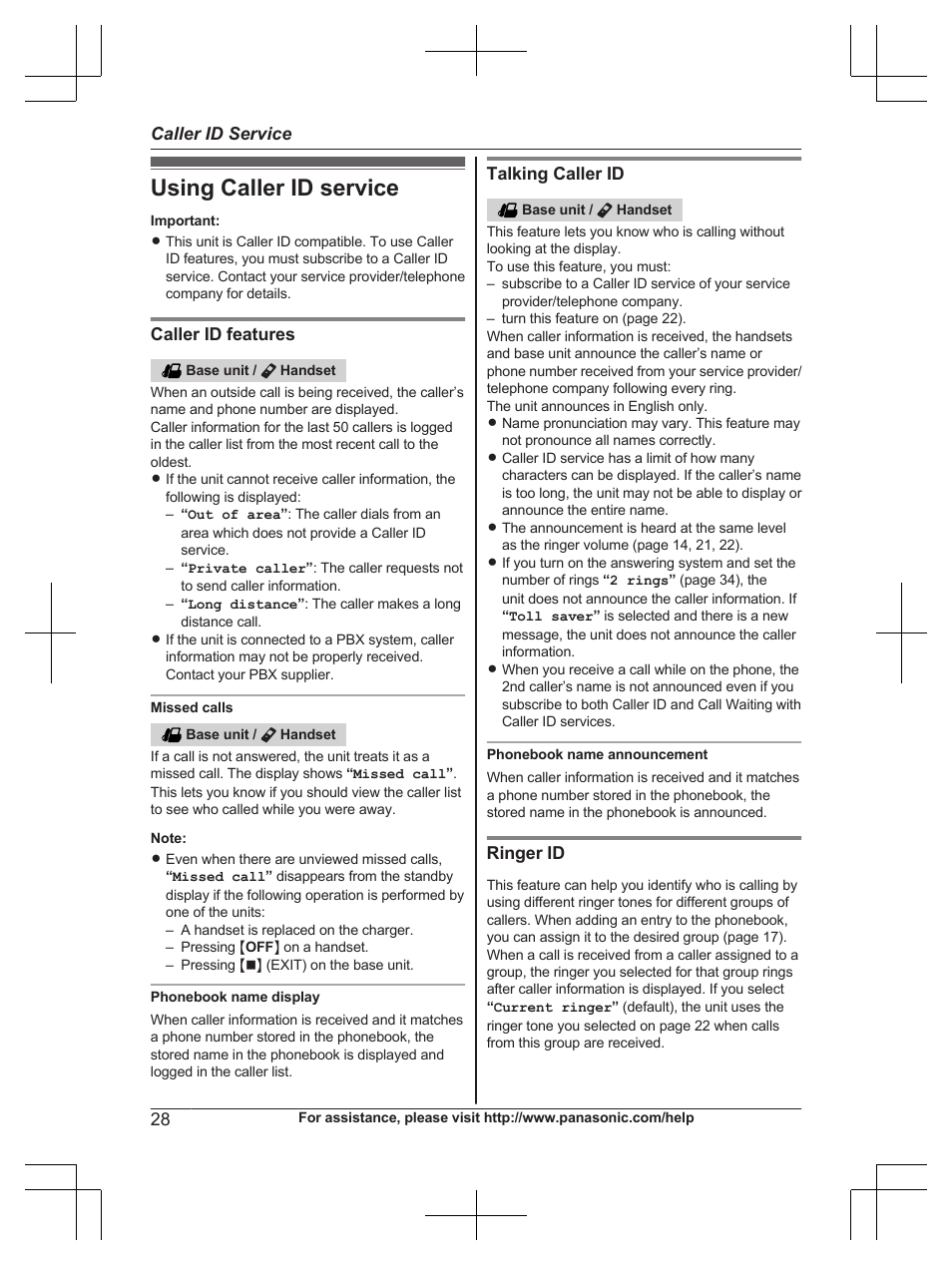 Caller id service, Using caller id service | Panasonic KXTG6672 User Manual | Page 28 / 56