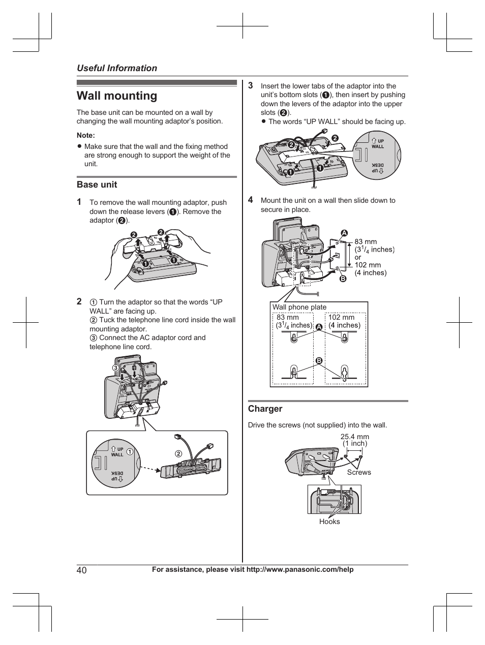 Useful information, Wall mounting | Panasonic KXTG6672 User Manual | Page 40 / 56