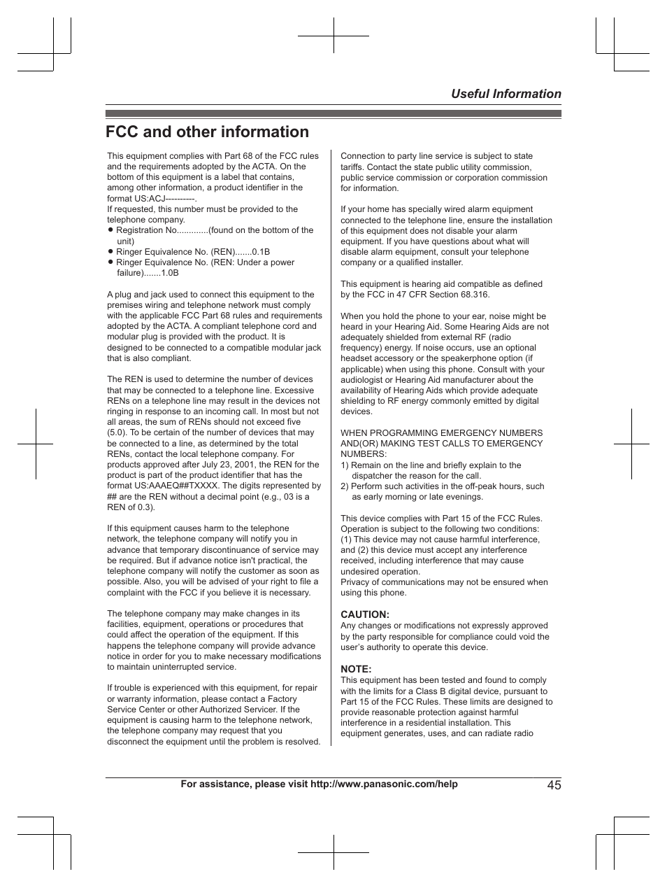 Fcc and other information, 45 useful information | Panasonic KXTG6672 User Manual | Page 45 / 56