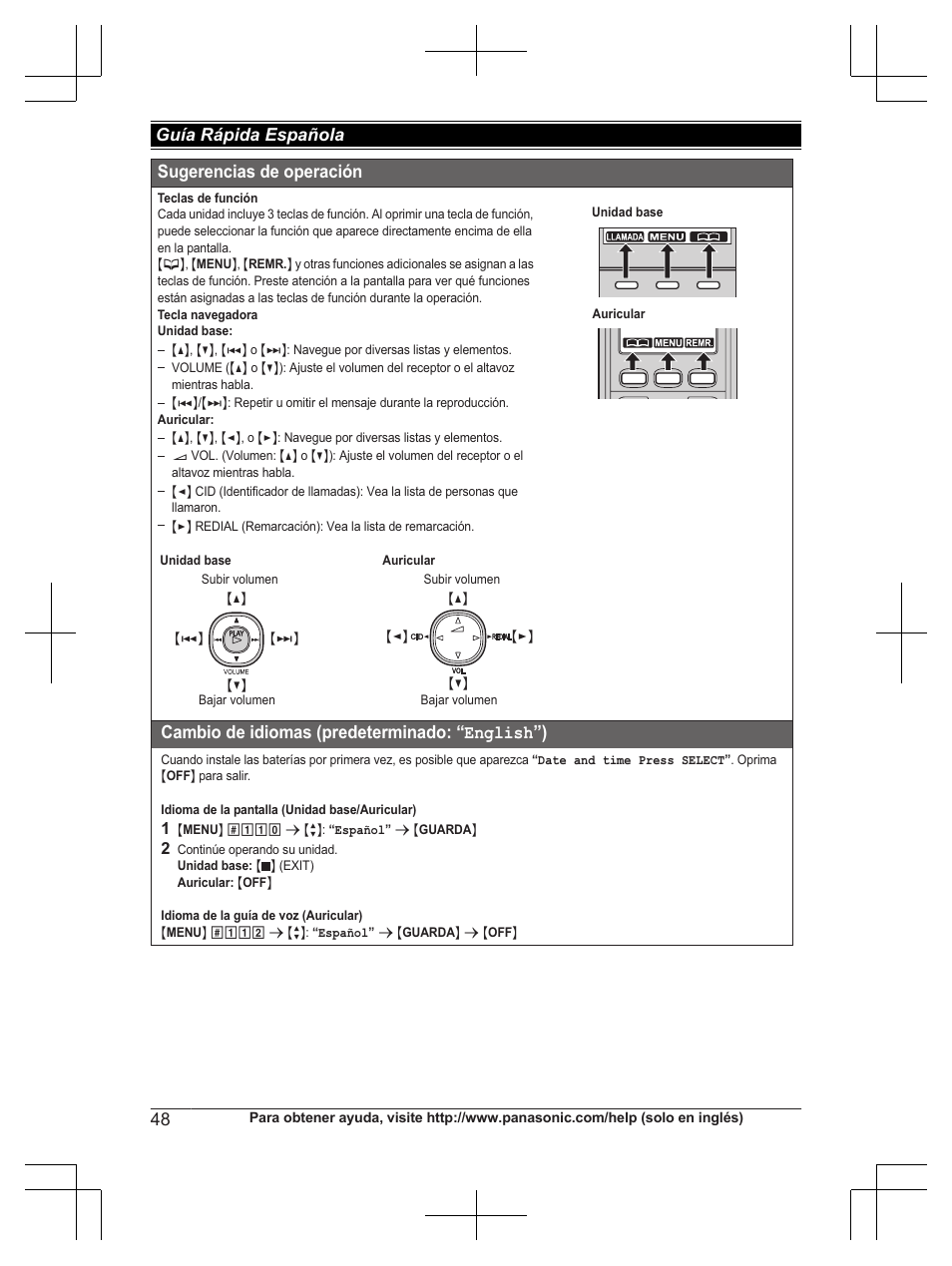 Sugerencias de operación, Cambio de idiomas (predeterminado: “english”) | Panasonic KXTG6672 User Manual | Page 48 / 56