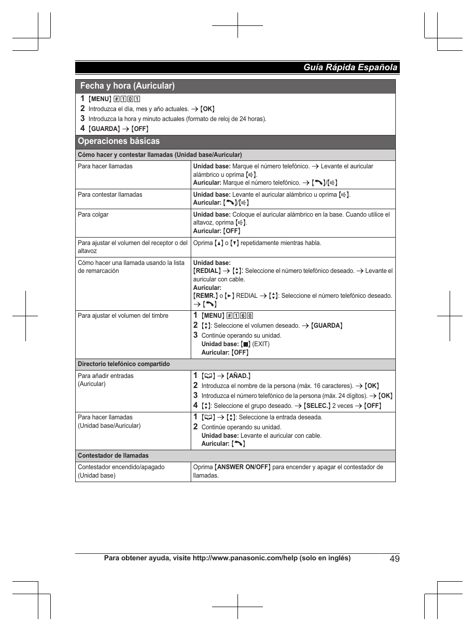 Fecha y hora (auricular), Operaciones básicas | Panasonic KXTG6672 User Manual | Page 49 / 56