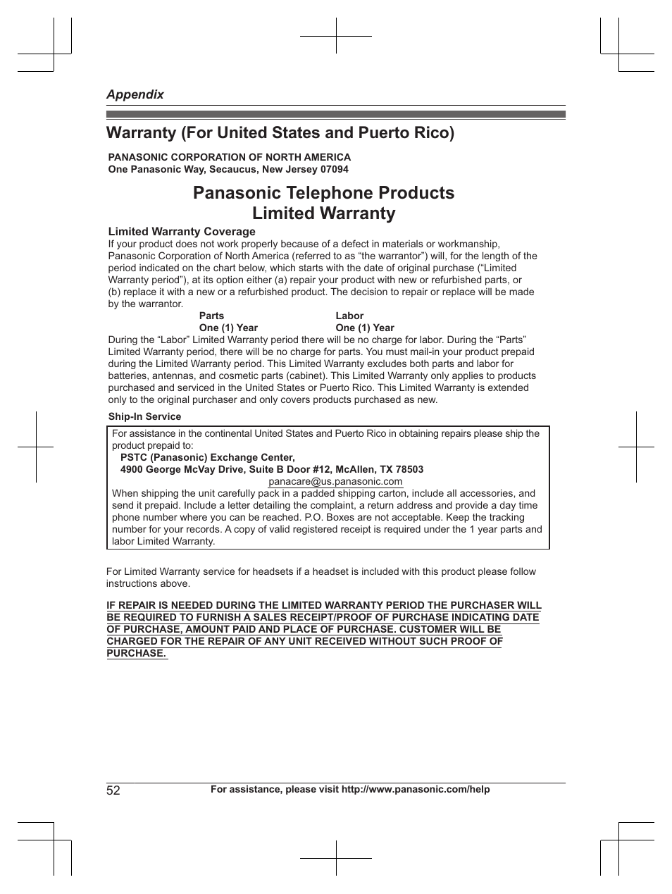 Warranty (for united states and puerto rico), Panasonic telephone products limited warranty | Panasonic KXTG6672 User Manual | Page 52 / 56