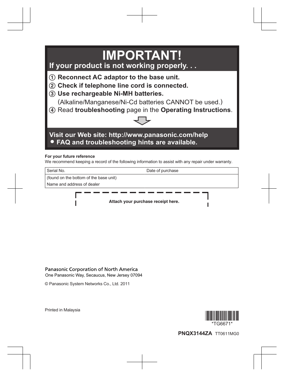 Important, Tg6671, If your product is not working properly | Panasonic KXTG6672 User Manual | Page 56 / 56