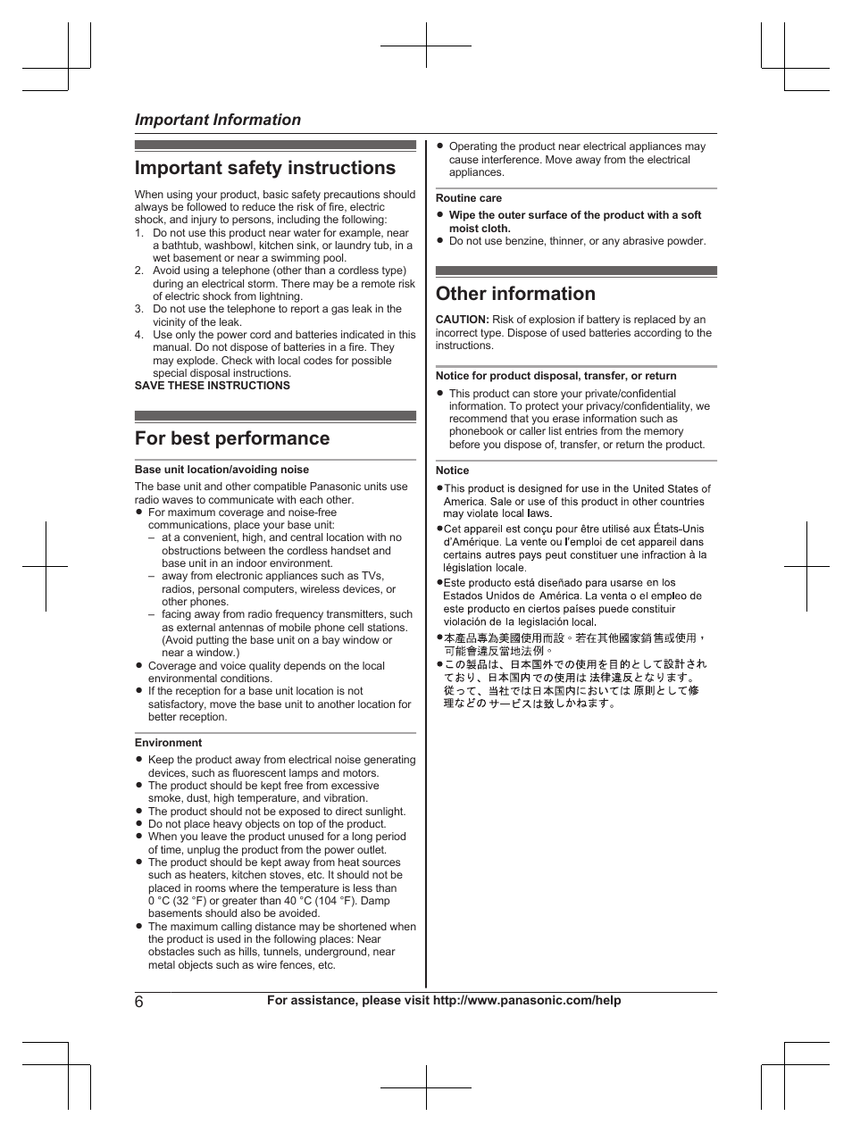 Important safety instructions, For best performance, Other information | Important information | Panasonic KXTG6672 User Manual | Page 6 / 56